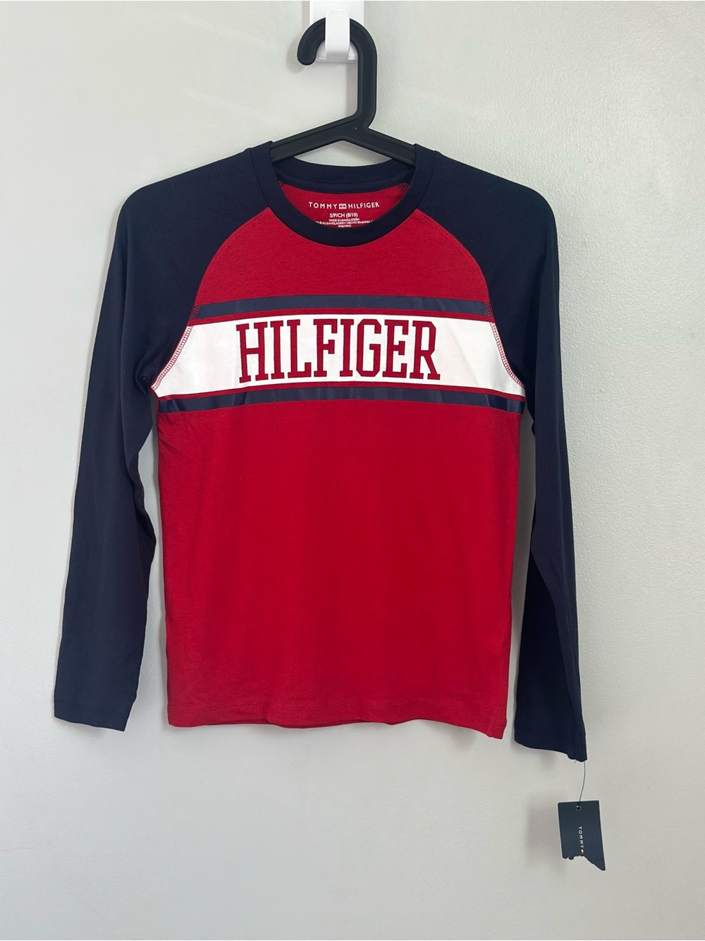 Tommy Hilfiger Boys S 8/10 Long Sleeve Logo Shirt Red Navy NWT